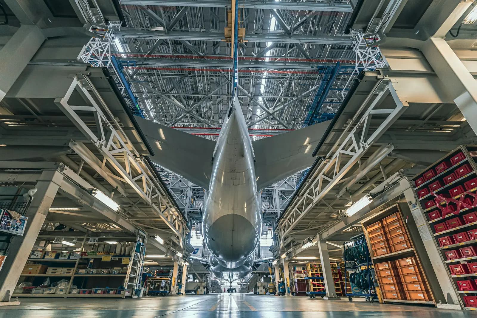 Aircraft fuselage in a final assembly hangar