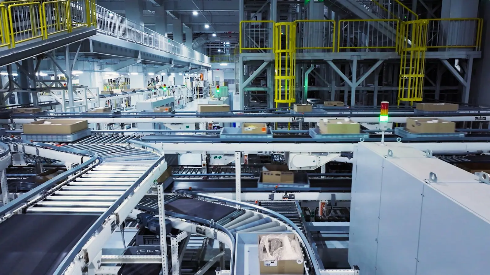 Automated roller conveyor system in a warehouse