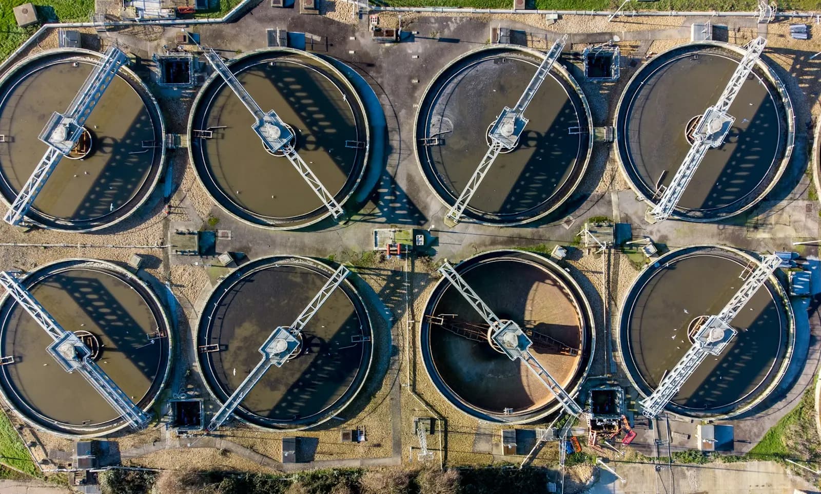 Aerial view of clarifiers at a wastewater treatment plant